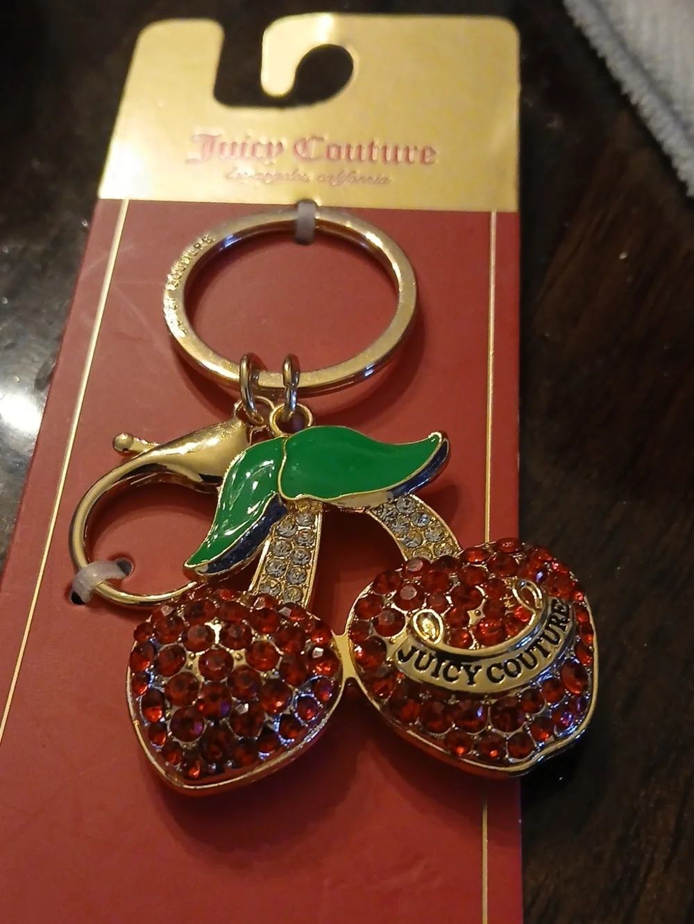 Juicy Couture Red Crystal Cherry Keychain with Green Leaves